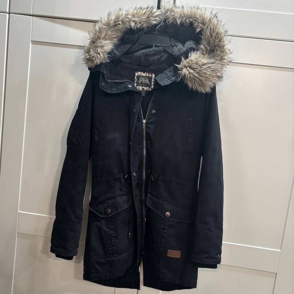 100% Cotton Roots Black Utility Jacket with Fur Hood